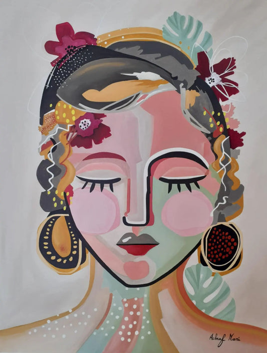 Acrylic Painting of a Woman with Floral Accents and Bold Colors