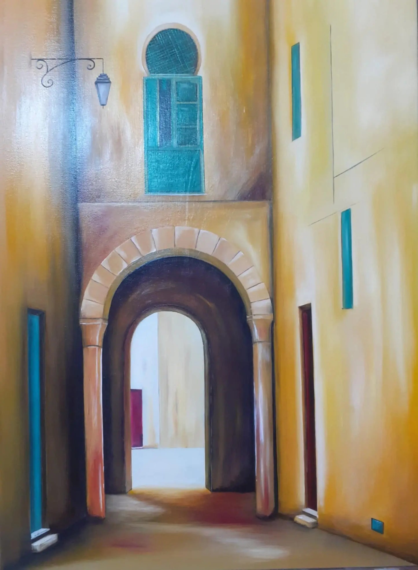 Oil Painting of Mediterranean Architecture with a Blue Door