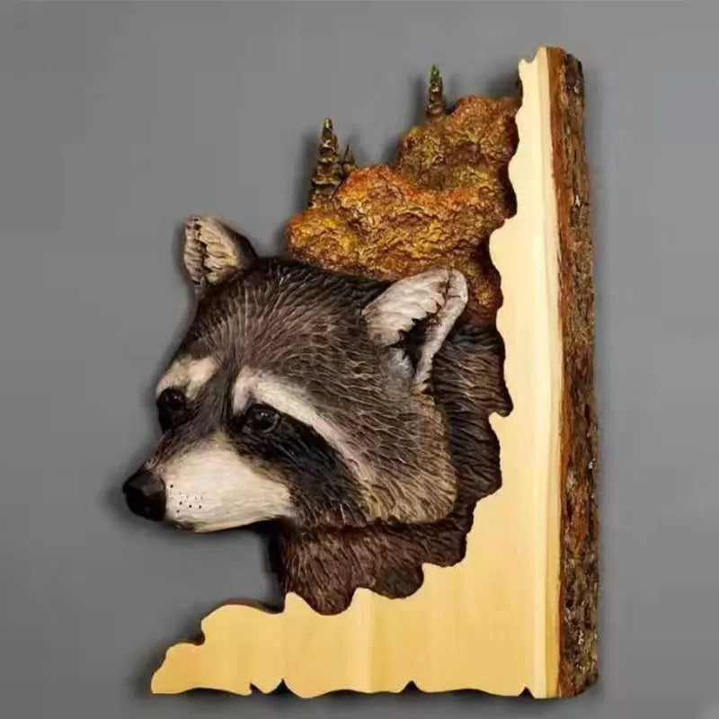 Animal Carving Handcraft Wall Hanging Sculpture Wood Raccoon Bear Deer Hand Painted Decoration for Home Living Room Dropshipping