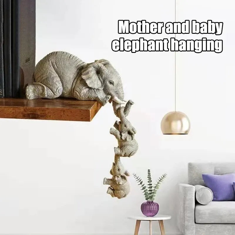 3PCS/set Elephant Sitter Hand-Painted Figurines,Full Size Mother and Two Babies Hanging Off The Edge of a Shelf Or Table,Resin