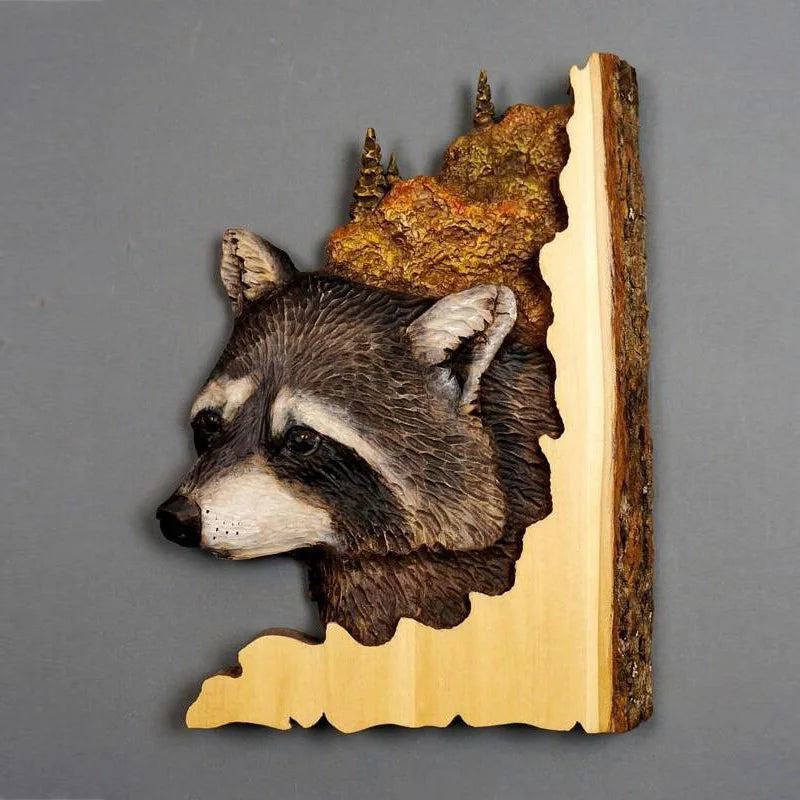 Animal Carving Handcraft Wall Hanging Sculpture Wood Raccoon Bear Deer Hand Painted Decoration for Home Living Room Dropshipping